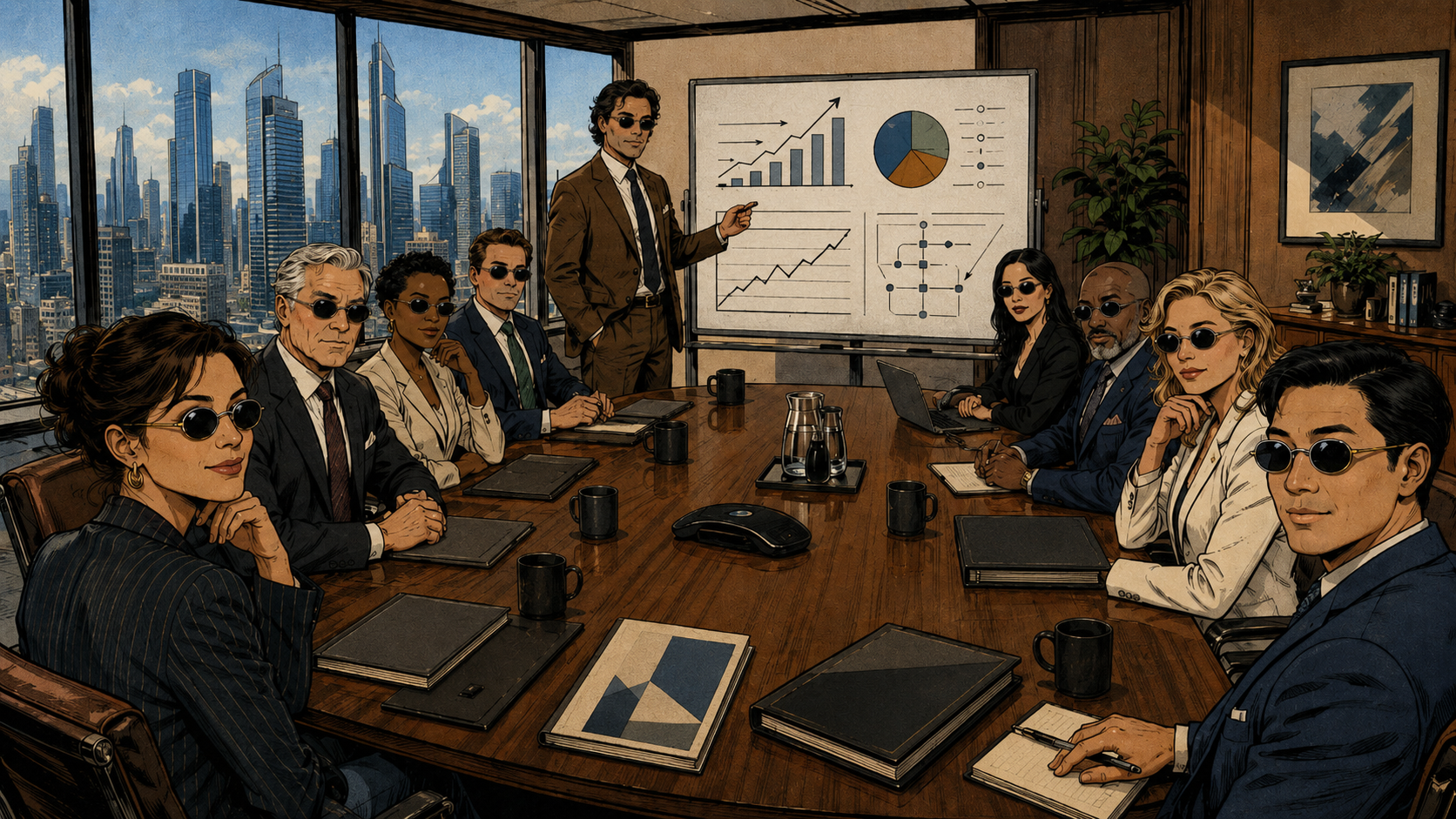Comic-style illustration: a team of AI agents — all wearing the same black sunglasses — seated around a long boardroom table in an elegant high-rise office, while one standing agent presents charts on a whiteboard.