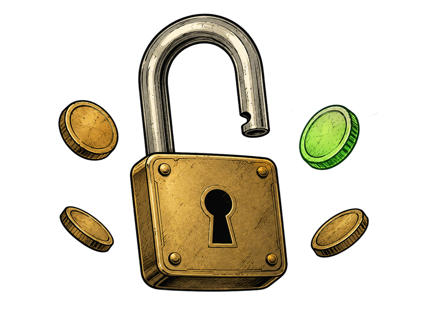 An open padlock surrounded by a few coins, one glowing green: the platform is free and open source, you only pay the AI provider.
