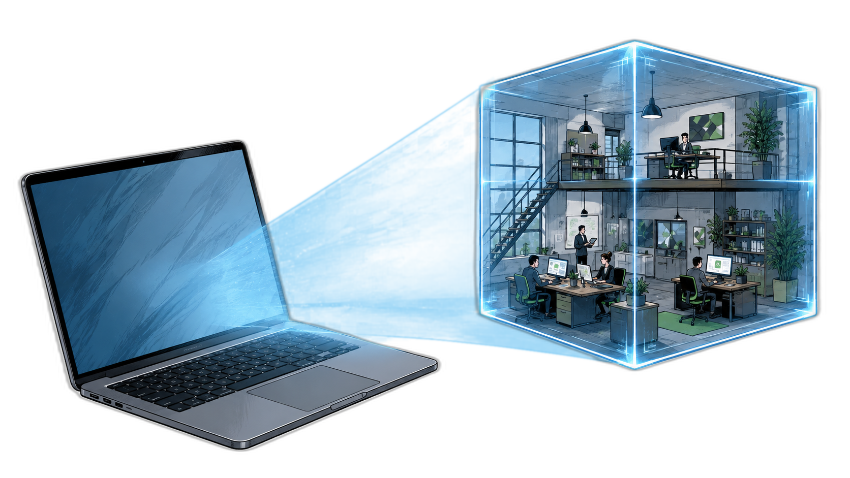 A laptop emitting a blue cone of light that opens into a glowing glass cube: inside is the team's office at work.