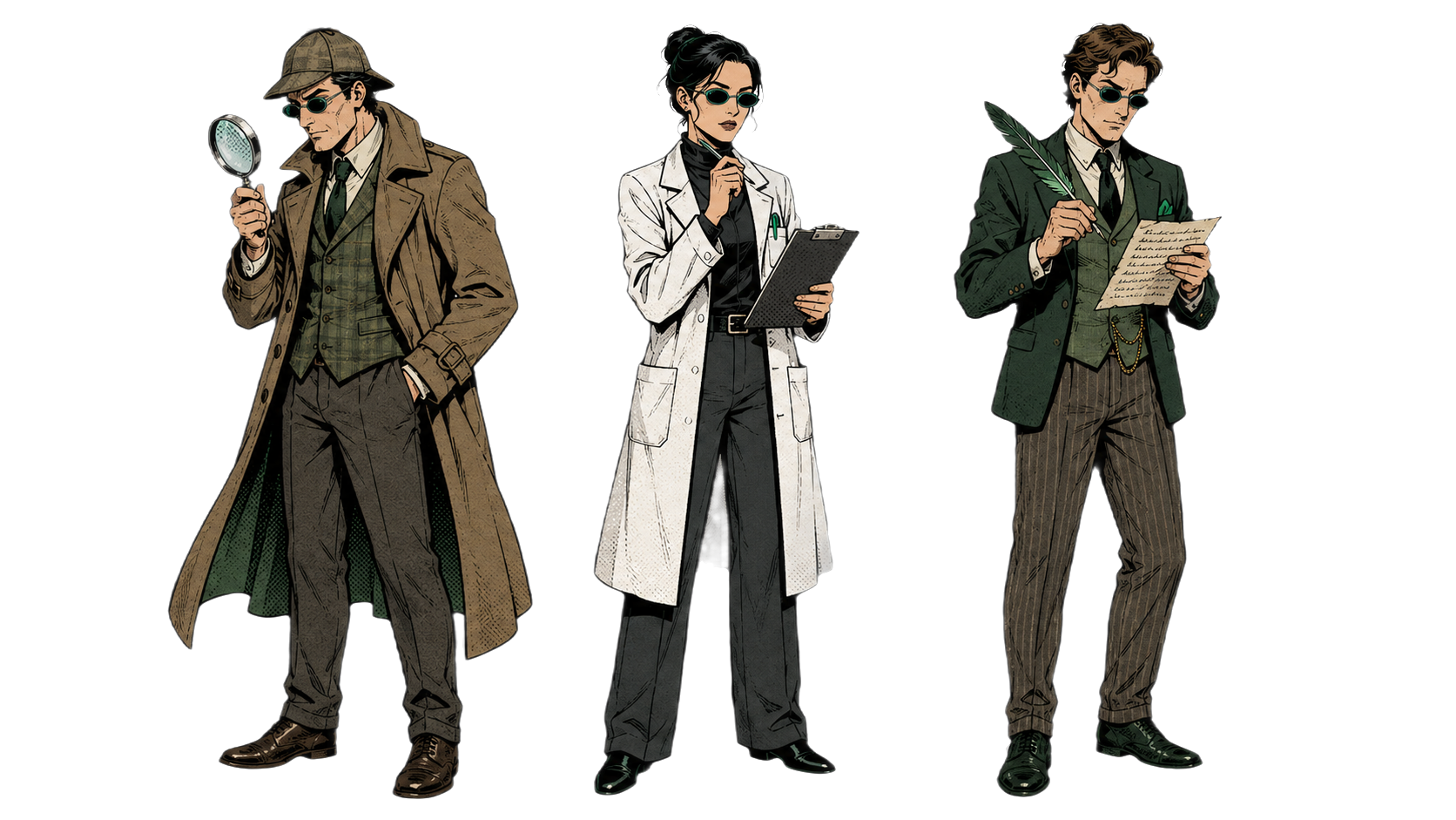 Three full-body team agents: the Scout with a magnifying glass, the Analyst in a lab coat, the Writer with a quill pen — all wearing sunglasses.