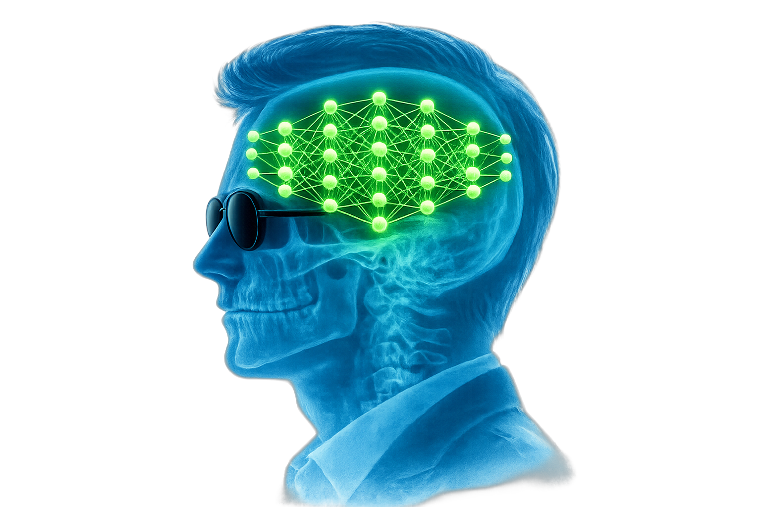 Side X-ray of an agent's head with an AI neural network glowing green in place of the brain: the “brain” is the AI provider, the only paid part.