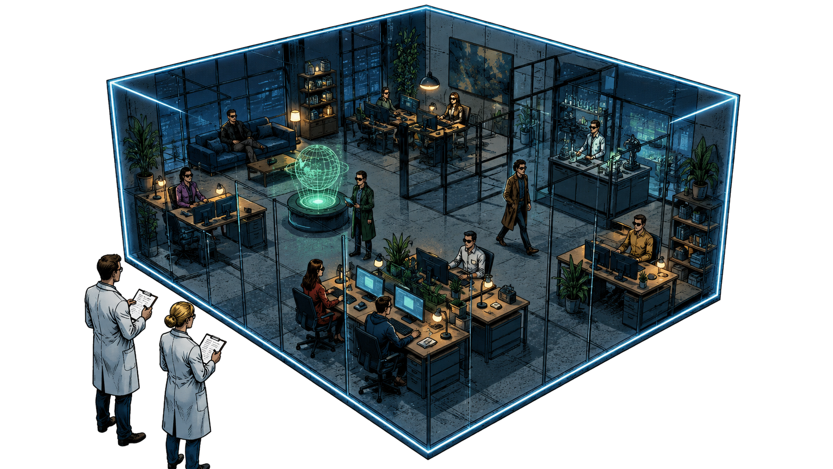 Illustration: a glass cube holding a miniature office with the team of agents at work, watched from outside by two people taking notes.